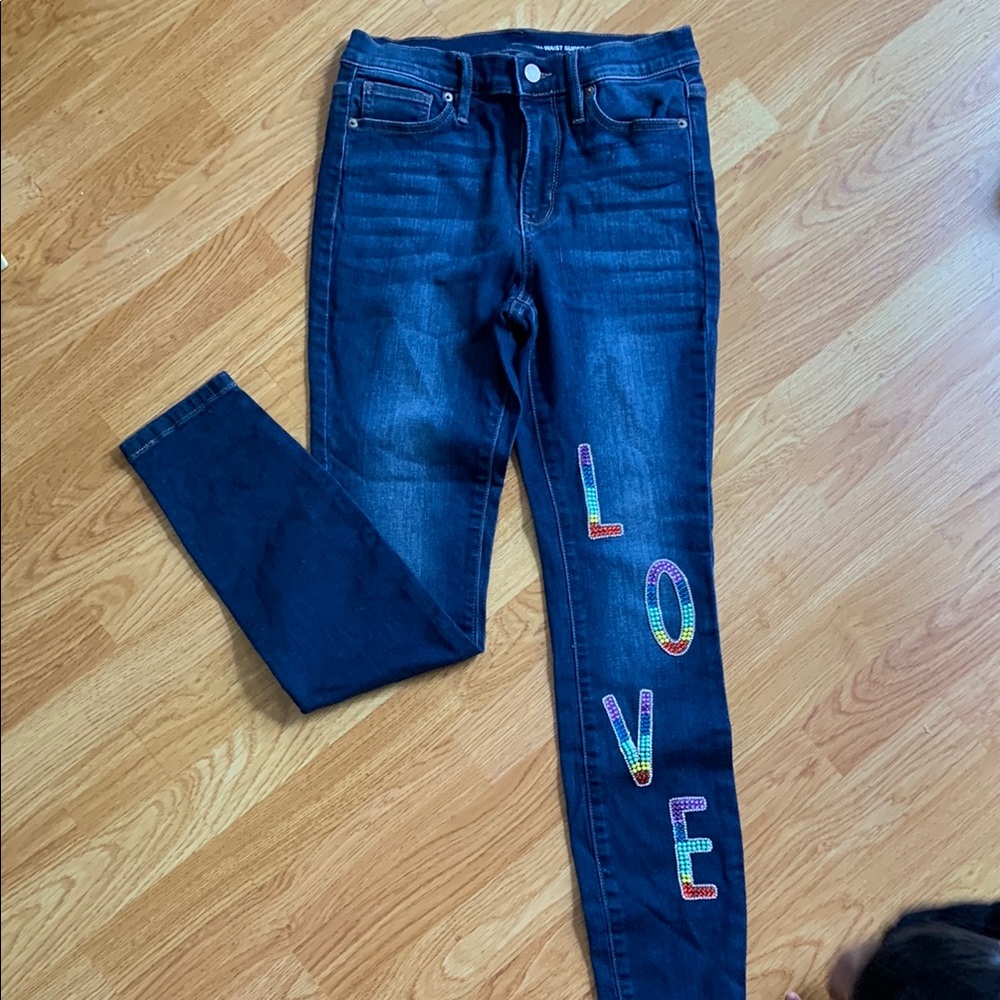 New York & Company Blue Skinny Jeans with LOVE Design